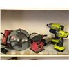Image 1 : 4 assorted power tools - Skil carpenters saw/ Skil palm sander & 2 Ryobi cordless drills (no charger