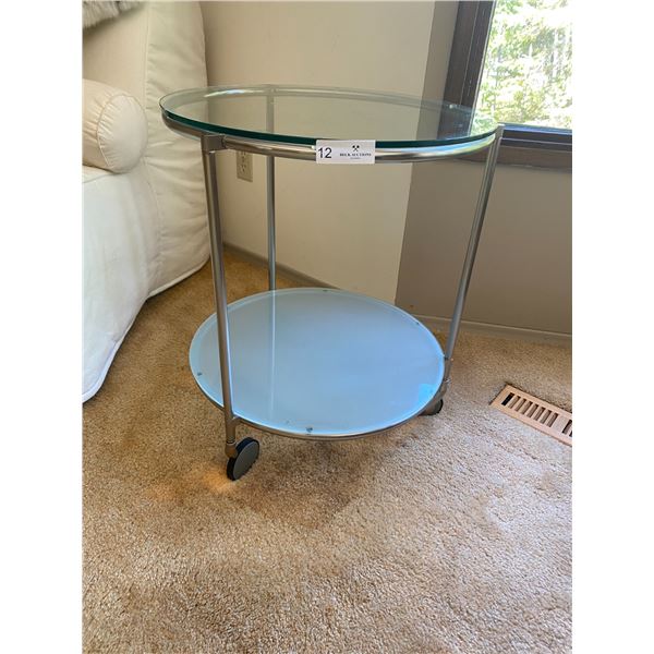 2-Tier Glass-Top End Table on Wheels