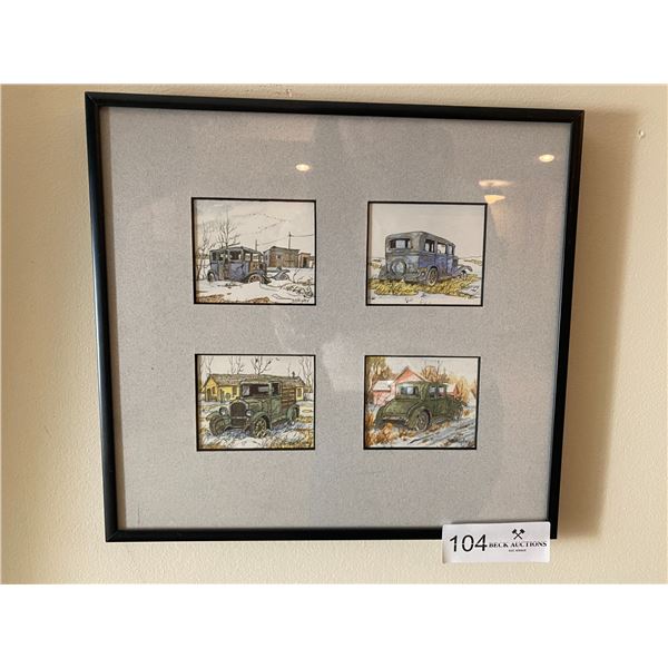 4 Small Car Paintings in 1 Frame by D.E. Ripley