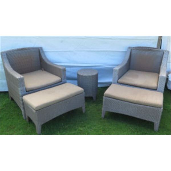 Qty 2 Synthetic Rattan Armchairs 28"x27"x25" w/ 2 Ottomans & Matching Table 14"Dx20"H