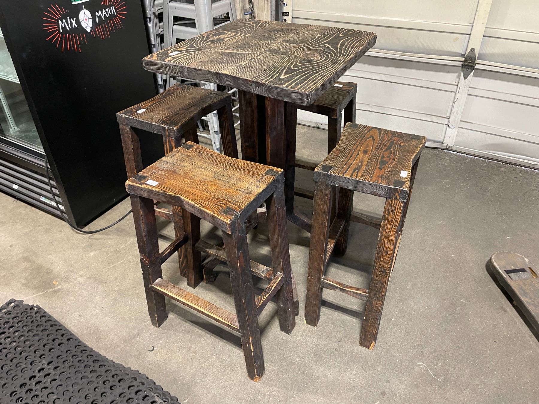 DARK NATURAL WOOD 24" BAR HEIGHT CAFE TABLE WITH 4 STOOLS