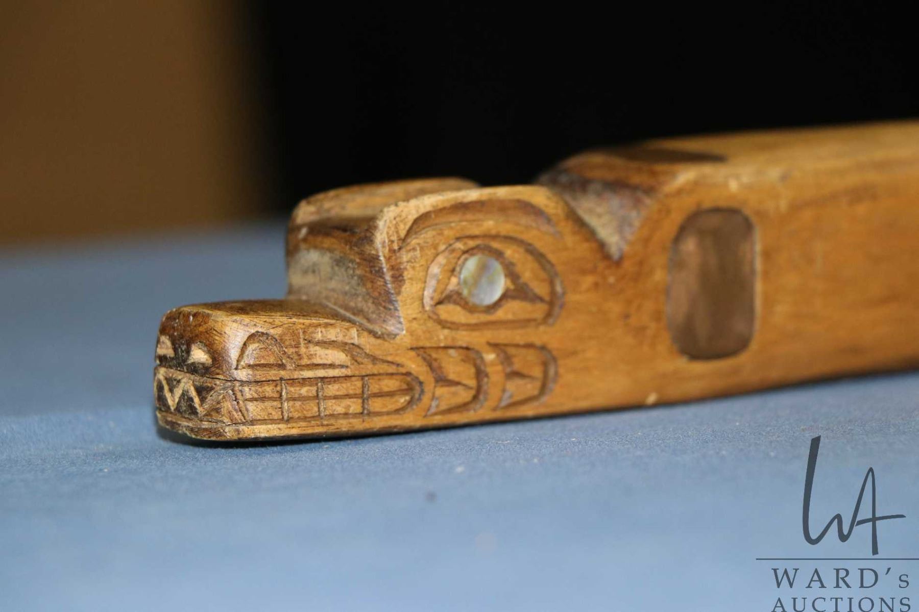 Haida Hand Haida hand carved walking stick with carved totem top inset with mother ...