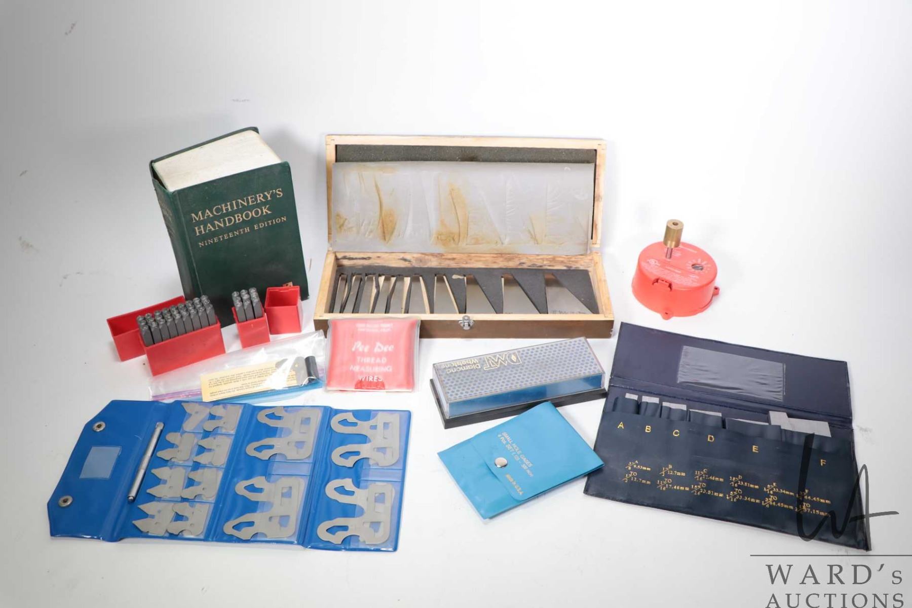 Selection of machinist tools including angel blocks set, radius gauge ...