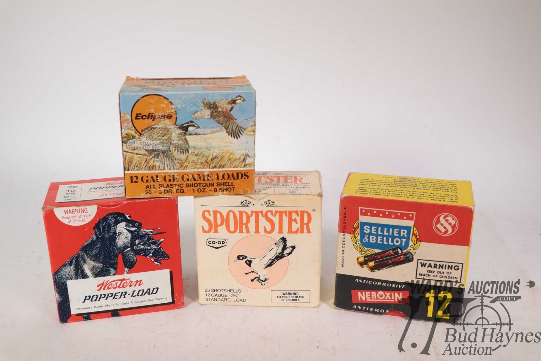 Four vintage shot shell boxes including 25 count full Western Popper ...