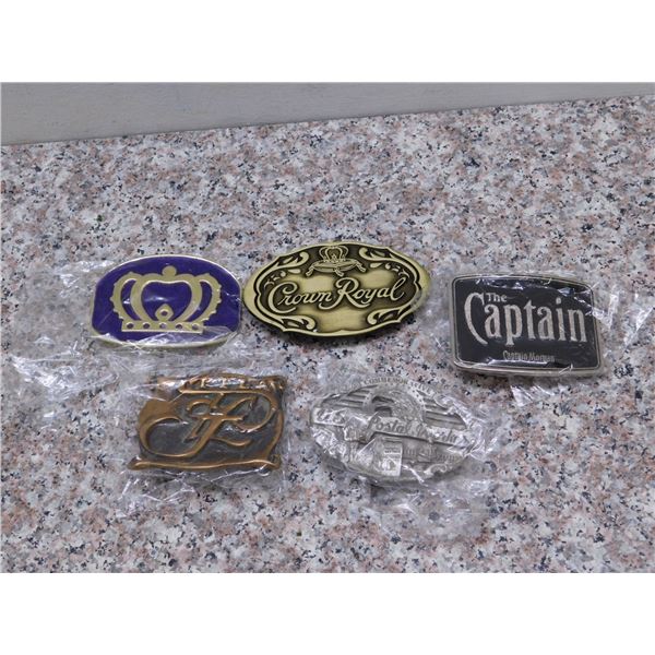 Lot of 5 Assorted Belt Buckles Metallic Crown Royal Captain Morgan Misc Novelty