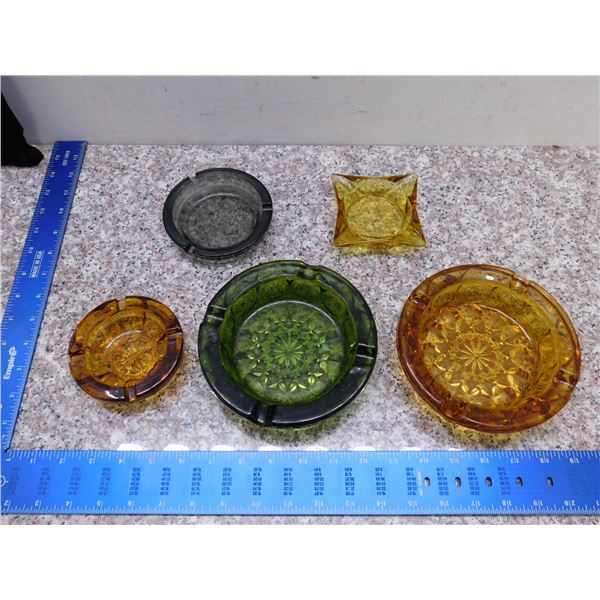 Lot of 5 Amber Ash Trays Glass Olive Green Yellow Amber Color Glass