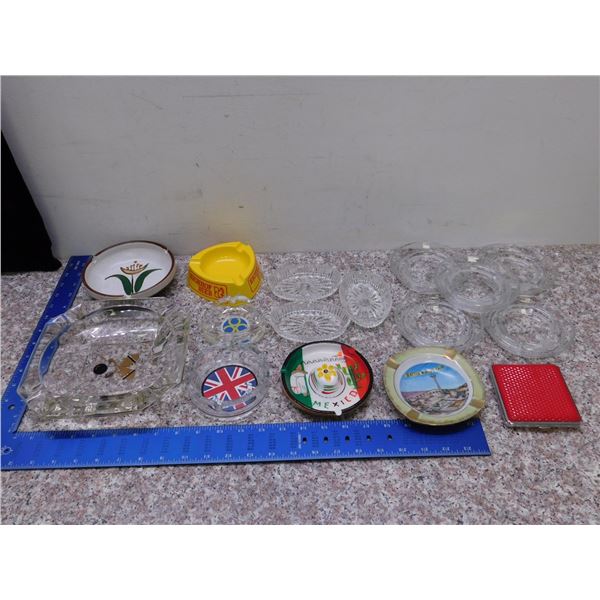 Lot of 16 Ashtrays Travel Souvenir Glass Dish Mexico Seattle UK Flag Etc Vintage