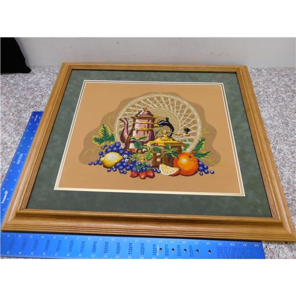 Cross Stitch Yard Art Embroidery Antique Kitchen Scene Fruit Framed Piece 25" x 22 1/2"