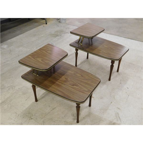 Vintage Mid Century Side Tables Pair 2-Tier Gold Accent Wooden Step-in