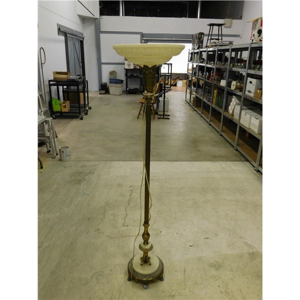 Vintage Torchere Floor Lamp Brass Nice Glass Shade Marble Base 64" Tall Working