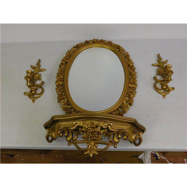 Vintage Syroco Gold Filigree Ornate Mirror Shelf and Sconces 24" Set