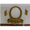 Image 1 : Vintage Syroco Gold Filigree Ornate Mirror Shelf and Sconces 24" Set