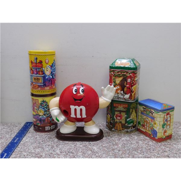 M& Ms Lot of 5 Tins Holiday and Red M& M Figure Dispenser