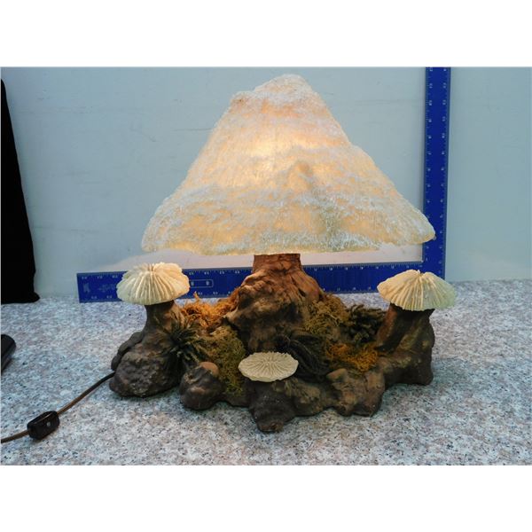 Vintage Mid Century Magic Mushroom Lamp Burlwood and Coral Shades
