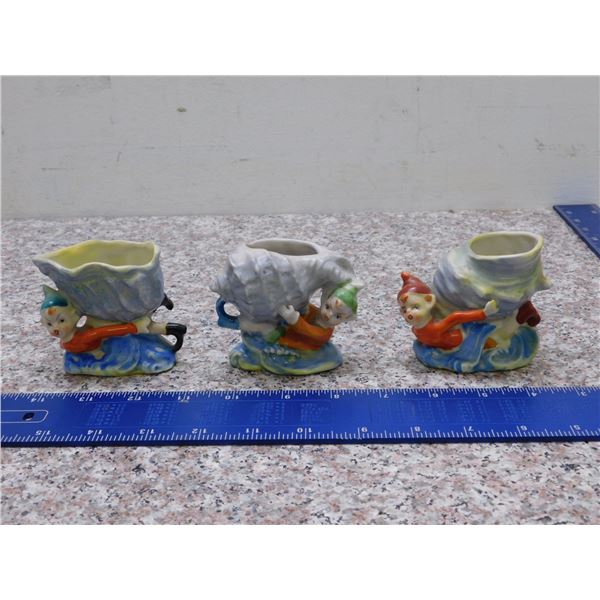 Vintage Lot of 3 Mini Vase Plower Pots Ornaments Elves Elf With Shell