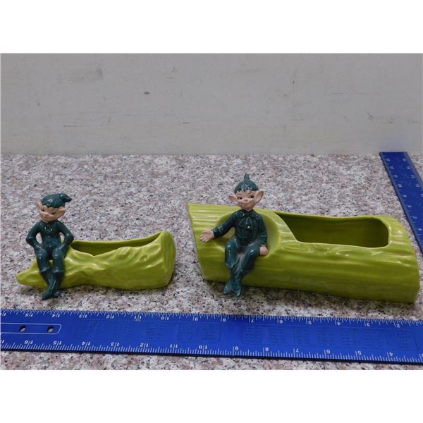 Lot of 2 Vintage Pixie Elf On a Log Planters 1951 Gilner California Pottery