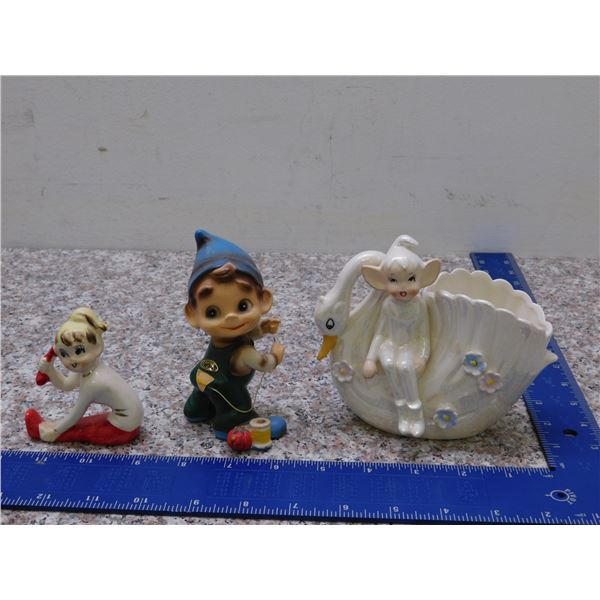 Lot of 3 Vintage Mid Century Pottery Elf Pixie Teenaged Girl Josef Originals Japan