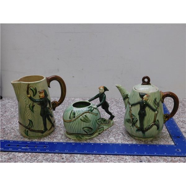 L.Gatlin & Son Jack & The Bean Stock Elf Pixie Pottery Pitcher Teapot Planter Fairytale Lot of 3