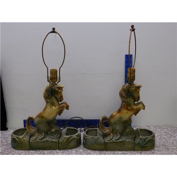 Vintage Pair of Horse & Hoof Lamps & Ashtrays Drip Glaze Pottery