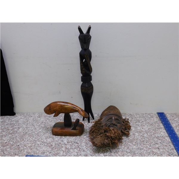 Lot of 3 Wooden Carving Tribal Decor Mask Totem Pole Animal