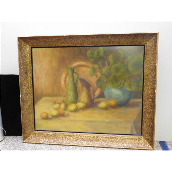 Artist Signed Oil Painting Fruit Pottery Life Drawing S.L. Dickey 1960 30 x 25