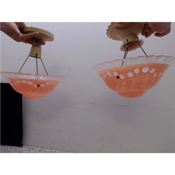 Pair of Vintage 3-Chain Pink Glass Ceiling Fixtures