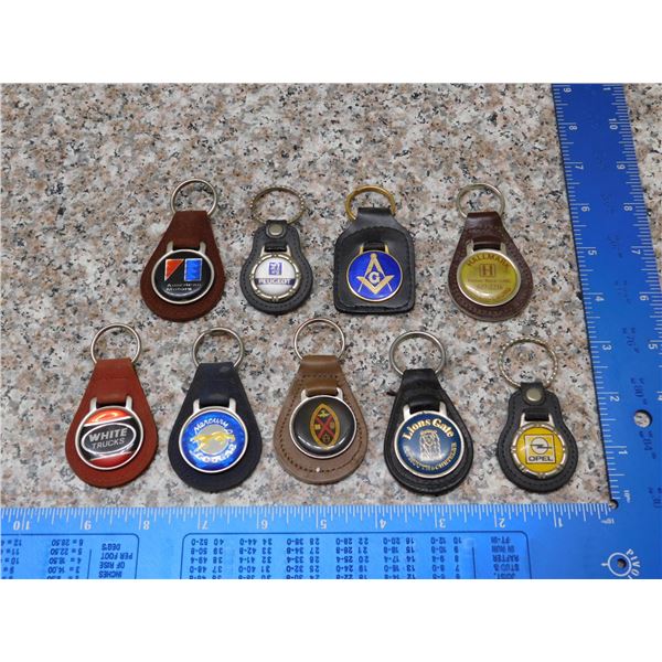 Lot of 9 Leather Fob Keychains Vintage Automobile Advertising Masonic