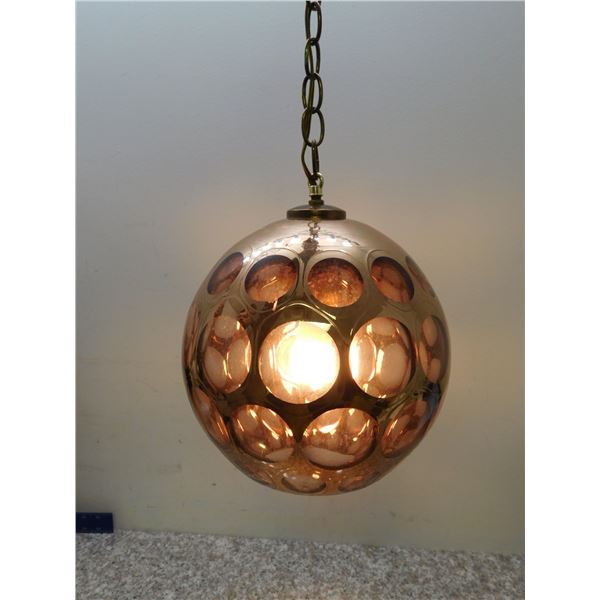 Vintage Mid Century Atomic Rose Gold Globe Chain Swag Lamp Coin Dot