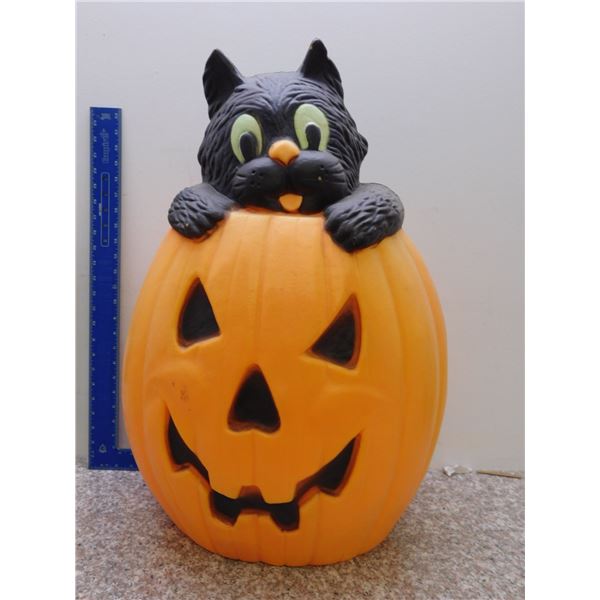 Vintage Halloween Decor Blow Mold Cat in Jack-o-Lantern Pumpkin approx 25" Tall