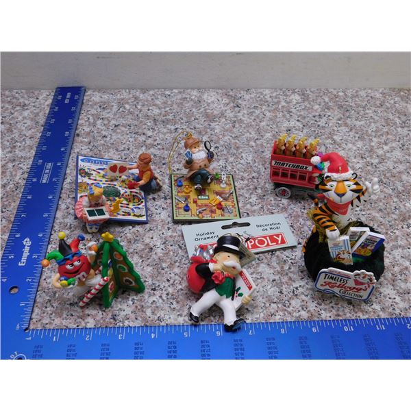 Holiday Christmas Ornaments Lot of 6 Advertising Tony The Tiger M& M Board Games Etc