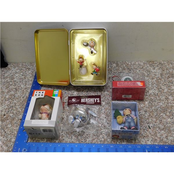 Holiday Christmas Ornaments Lot of 5 Character Advertising Starbucks Raggedy Anne Rice Krispies