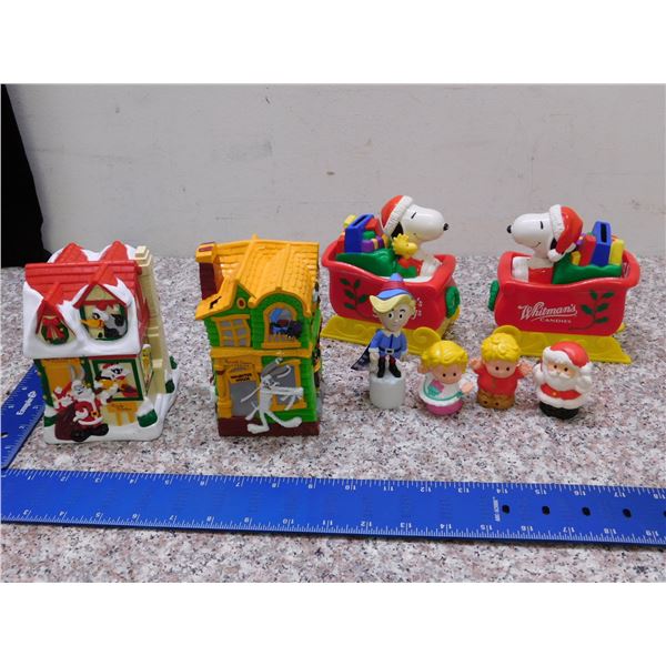 Lot of 6 Christmas Holiday Figurines Plastic Decorative Russel Stover Looney Tunes Snoopy Banks