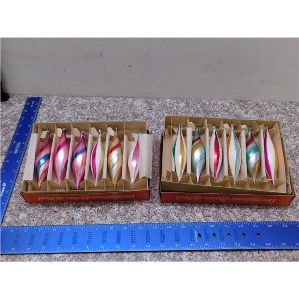 Vintage Lot of 2 Boxes of Glass Christmas Tree Ornaments 12 Total Pink Baby Blue Tear Drop