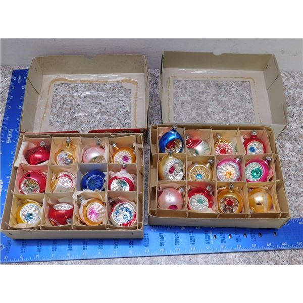 Vintage Christmas Tree Ornaments Lot of 2 Boxes 24 Total Glass Hanging Balls Concave