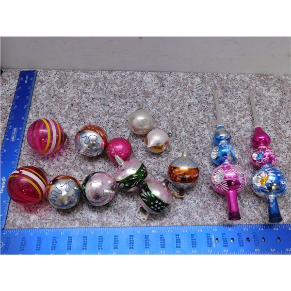 Lot of Vintage Glass Ball Christmas Tree Ornaments and Blown Glass Toppers