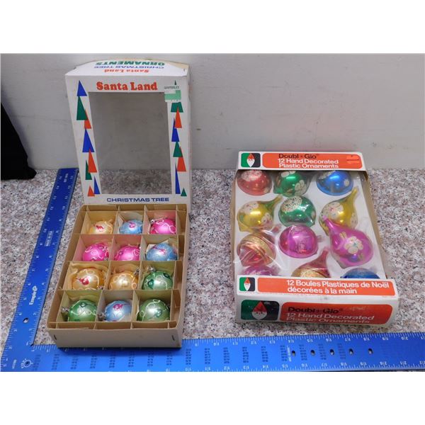Lot of Two Boxes 24 Total Christmas Tree Ornaments Blown Glass and Plastic Vintage