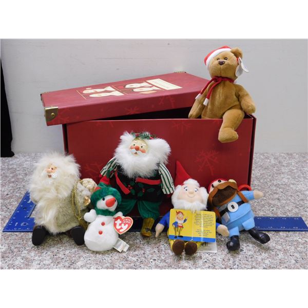 Lot of 6 Holiday TY Santa Plushies Small And Christmas Box