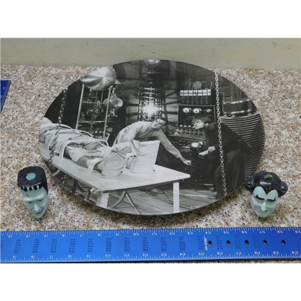Lot of 3 Pieces Halloween Decor Frankenstein Serving Tray and Munsters Candle Holders