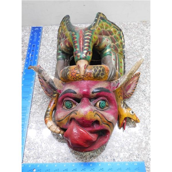 Carved Wood Mask Devil Goblin Eagle and Snake Tribal Character