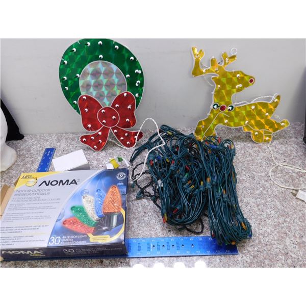 Lot of Christmas LED String Lights 29ft Indoor Outdoor and Wreath / Reindeer Signs