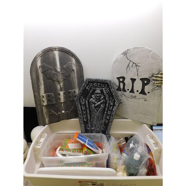 Large Bus Tub Full of Halloween Party Decor, Plates Cups Goodie Bags Etc Includes Bin