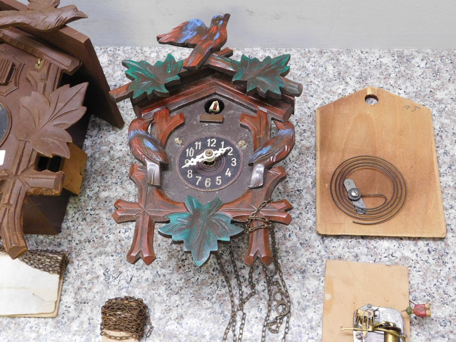 Lot of 2 Cuckoo Clocks some Damage As Is with Pendulum Weights