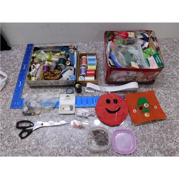 Three Tins of Sewing Supplies Needles Thread Fabric Scraps Etc