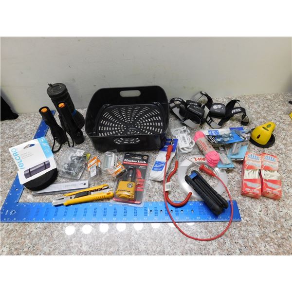 Lot of Flashlights, Fishing Line, Sports Laces, Pan, Screws, Padlock, Headlamps, Level,  Misc