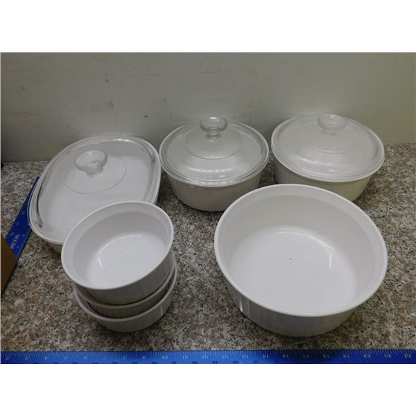 Lot of 7 Corningware White Baking Dishes 3 With Lids Ramekin