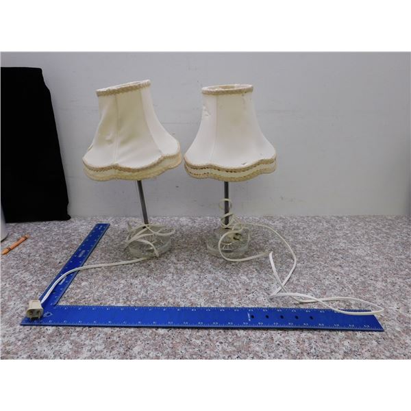 Pair of Small Vintage Bedroom Nightstand Lamps Fabric Shades Rough Glass Base