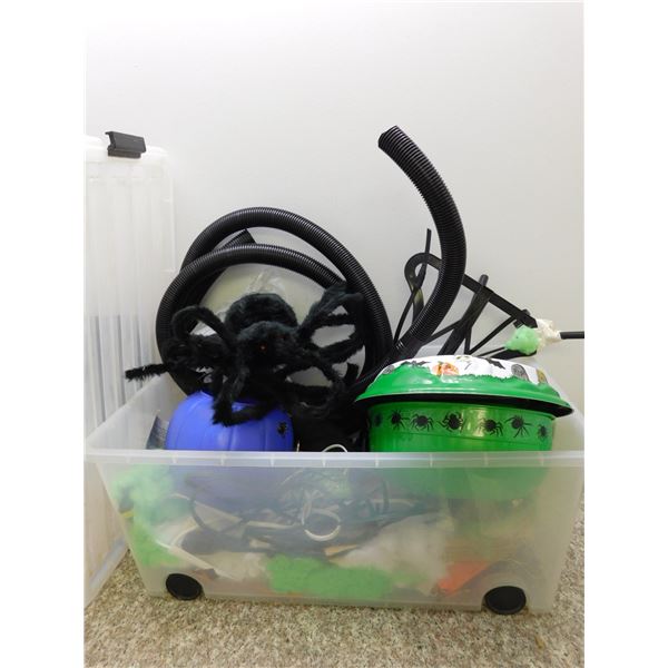 Bin of Misc Halloween Decor Items Bowl Spider Webs Witch Hat Pumpkin Carving Set