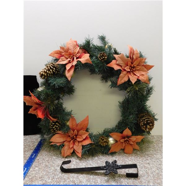Christmas Wreath 2ft Diameter With Door Hanger Orange Red Poinsettia Pinecones