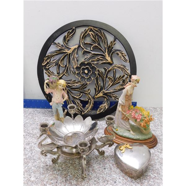 Lot of 5 Wooden Filigree Floral Wall Decor, Porcelain Statues, Silverplate Home Decor