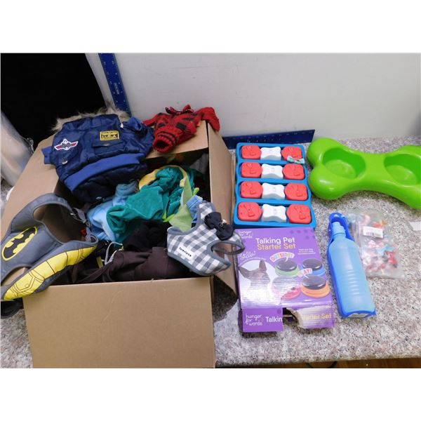Lot of Pet Animal Accessories, Outfits Costumes, Bowl, Talking Set Treat Finder Toy Etc